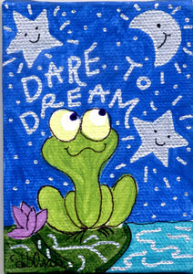 DARE TO DREAM- Miniature Folk Art FROG Painting on Canvas - art by debOrah