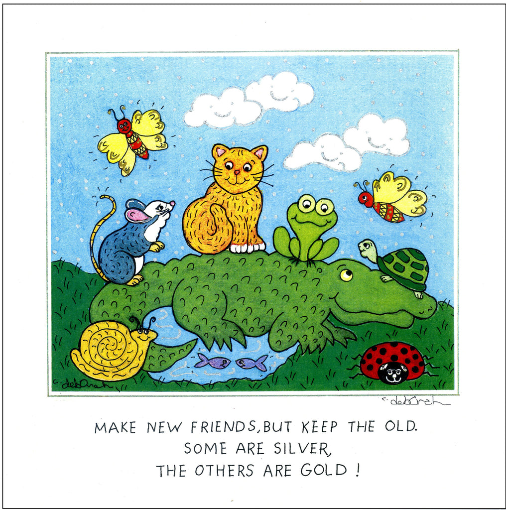 MAKE NEW FRIENDS, BUT KEEP THE OLD - Alligator, Turtle, Frog, Cat, Mouse, Butterflies, Snail and Ladybug. 8"x8" Square Art Print Framed - art by debOrah