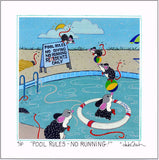 POOL RULES - Mice in the Swimming Pool - 8" x 8" Hand-Decorated, Limited-Edition SQUARE Art Print FRAMED - art by debOrah