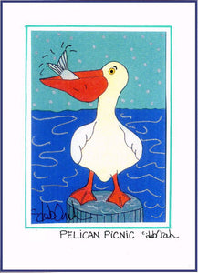 (Florida) PELICAN PICNIC -  5" x 7" Folk Art Print, Hand-Decorated, Limited-Edition - art by debOrah