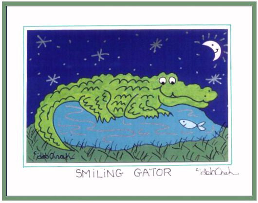 SMILING GATOR  -  5" x 7" ALLIGATOR Folk Art Print, Hand-Decorated, Limited-Edition - art by debOrah