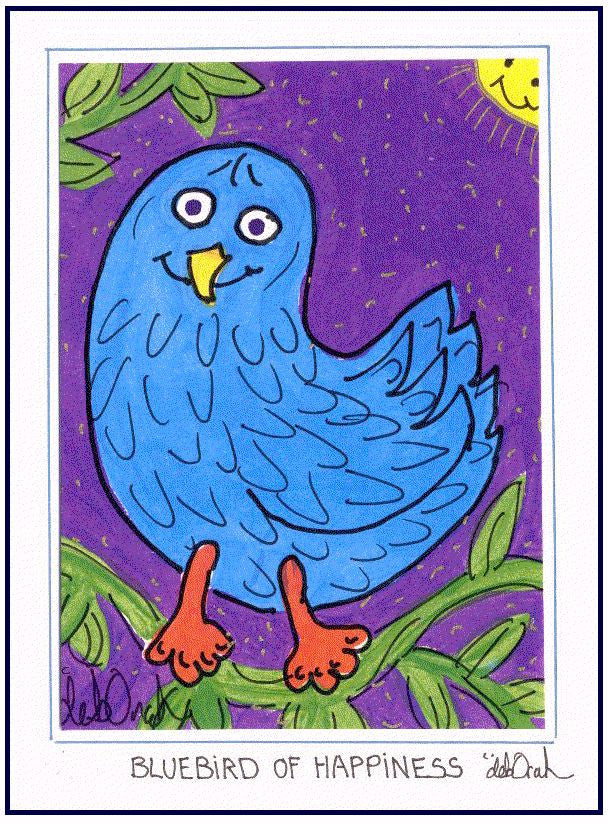 BLUEBIRD OF HAPPINESS -  5" x 7" Folk Art Print, Hand-Decorated, Limited-Edition - art by debOrah