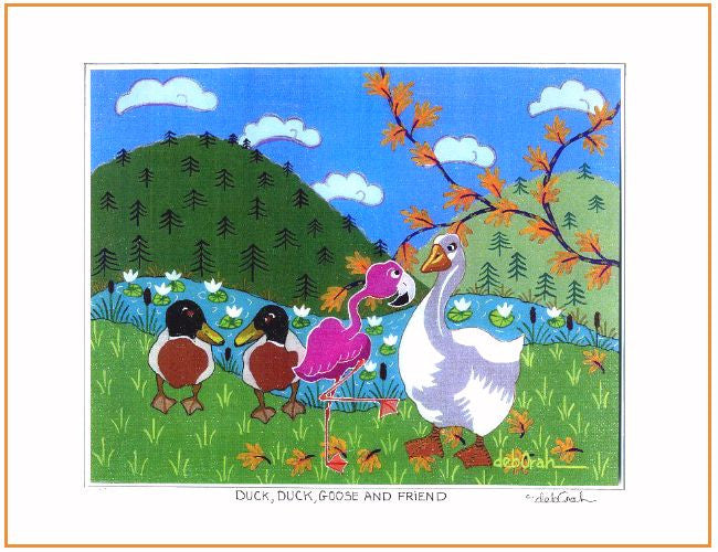 Duck, Duck, Goose and Friend - Ducks, Goose and Flamingo 11" x 14" Art Print, Hand-Decorated, Limited-Edition - art by debOrah