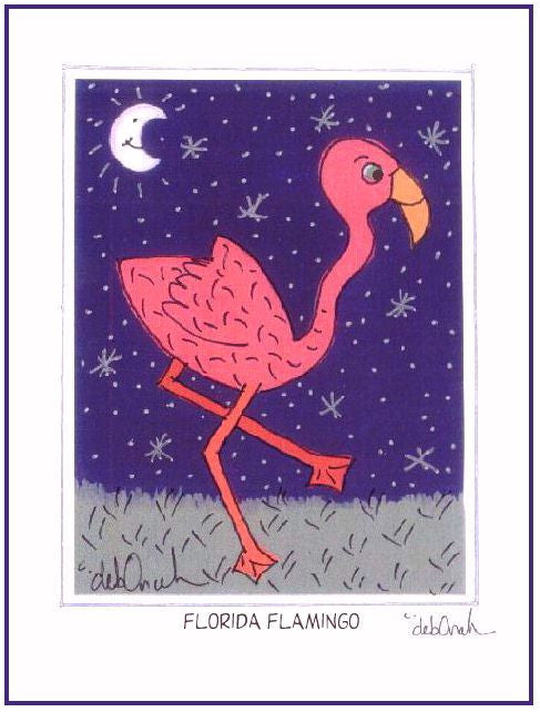 FANCY (FLORIDA) FLAMINGO -  5" x 7"  Folk Art Print, Hand-Decorated, Limited-Edition - art by debOrah