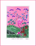 LOVE AT FIRST SIGHT - FLAMINGO AND ALLIGATOR - 8" x 10" Folk Art Print, Hand-Decorated, Limited-Edition - art by debOrah