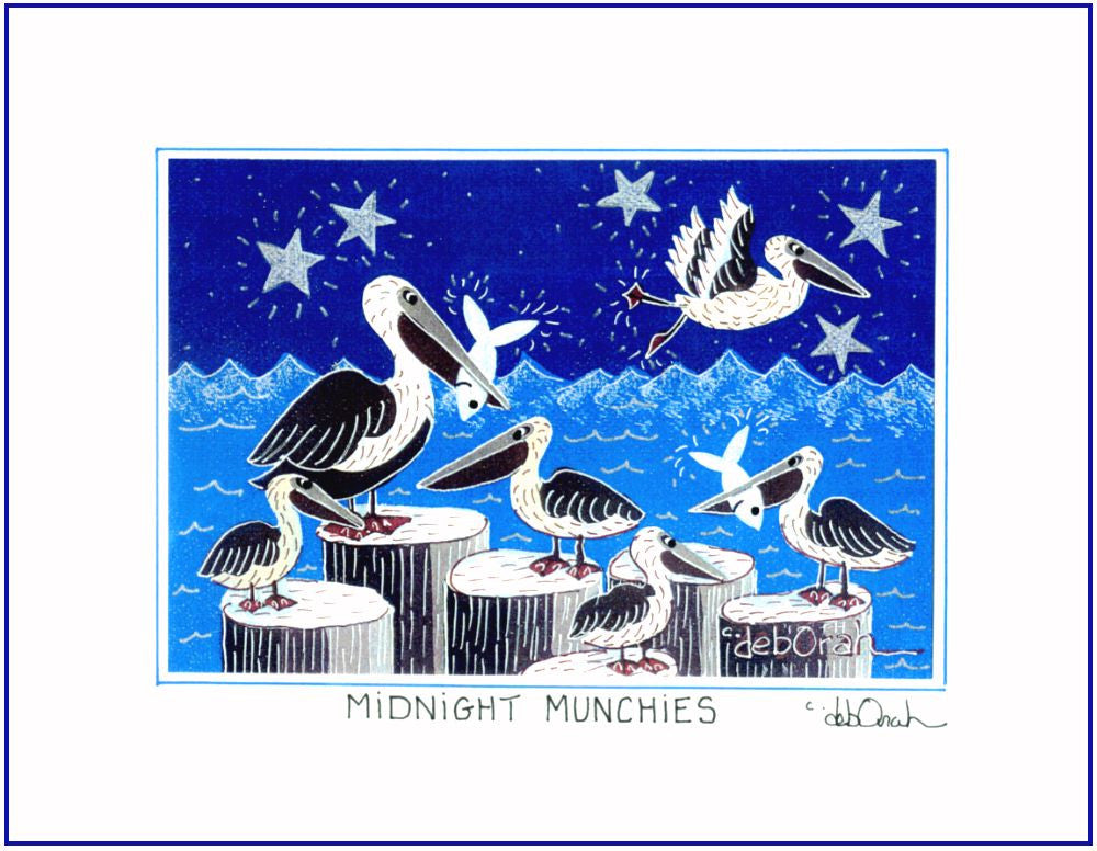 MIDNIGHT MUNCHIES - PELICANS AND FISH - 8" x 10" Art Print, Hand-Decorated, Limited-Edition - art by debOrah