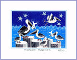 MIDNIGHT MUNCHIES - PELICANS AND FISH - 8" x 10" Art Print, Hand-Decorated, Limited-Edition - art by debOrah