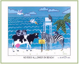 NO DOGS ALLOWED ON BEACH ! - Zebra & Cow, 11" x 14" Art Print, Hand-Decorated, Limited-Edition - art by debOrah