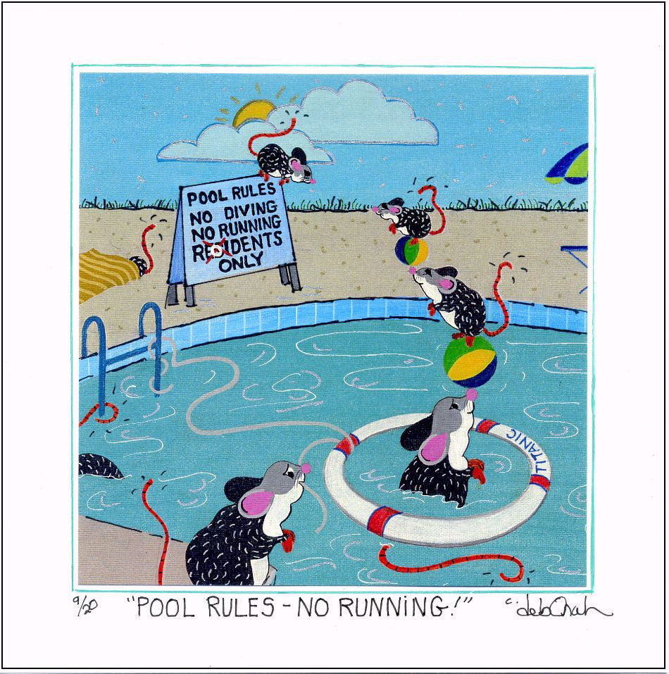 POOL RULES - Mice in the Swimming Pool - 8" x 8" Hand-Decorated, Limited-Edition SQUARE Art Print FRAMED - art by debOrah