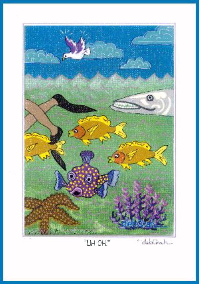 UH-OH ! - SNORKELING, TROPICAL FISH AND A BARRACUDA - 8" x 10" Art Print, Hand-Decorated, Limited-Edition - art by debOrah