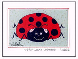 VERY LUCKY LADYBUG -  5" x 7"  Folk Art Print, Hand-Decorated, Limited-Edition - art by debOrah