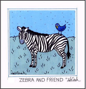 ZEBRA AND FRIEND - (Bluebird) SQUARE Art Print FRAMED - art by debOrah